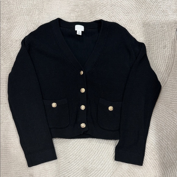 H&M Sweaters - H&M Black V-Neck Cropped Cardigan with Gold Buttons